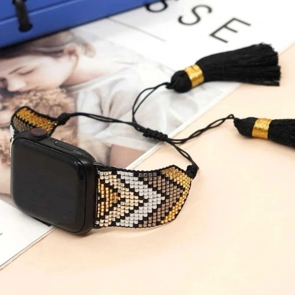NWT Bead Tassel Woven Apple Watch Band 38/40/41 Black and Gold - Picture 5 of 5